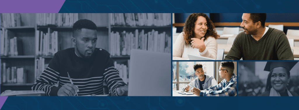 Collage of four images: student working at a laptop; two students smiling at each other; two students conversing at a desk; one student in a mortarboard