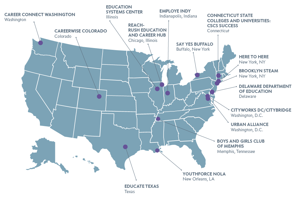 Map of the United States, with 14 Building Equitable Pathways Community of Practice organizations: Career Connect Washington (Washington); Careerwise Colorado (Colorado); Education Systems Center (Illinois); REACH-Rush Education and Career Hub (Chicago, Illinois); EmployIndy (Indianapolis, Indiana); Say Yes Buffalo (Buffalo, New York); Connecticut State Colleges and Universities: CSCU Success (Connecticut); Here to Here (New York, NY); Brooklyn STEAM (New York, NY); Delaware Department of Education (Delaware); Cityworks DC/CityBridge (Washington, D.C.); Boys and Girls Club of Memphis (Memphis, Tennessee); YouthForce NOLA (New Orleans, LA); Educate Texas (Texas)